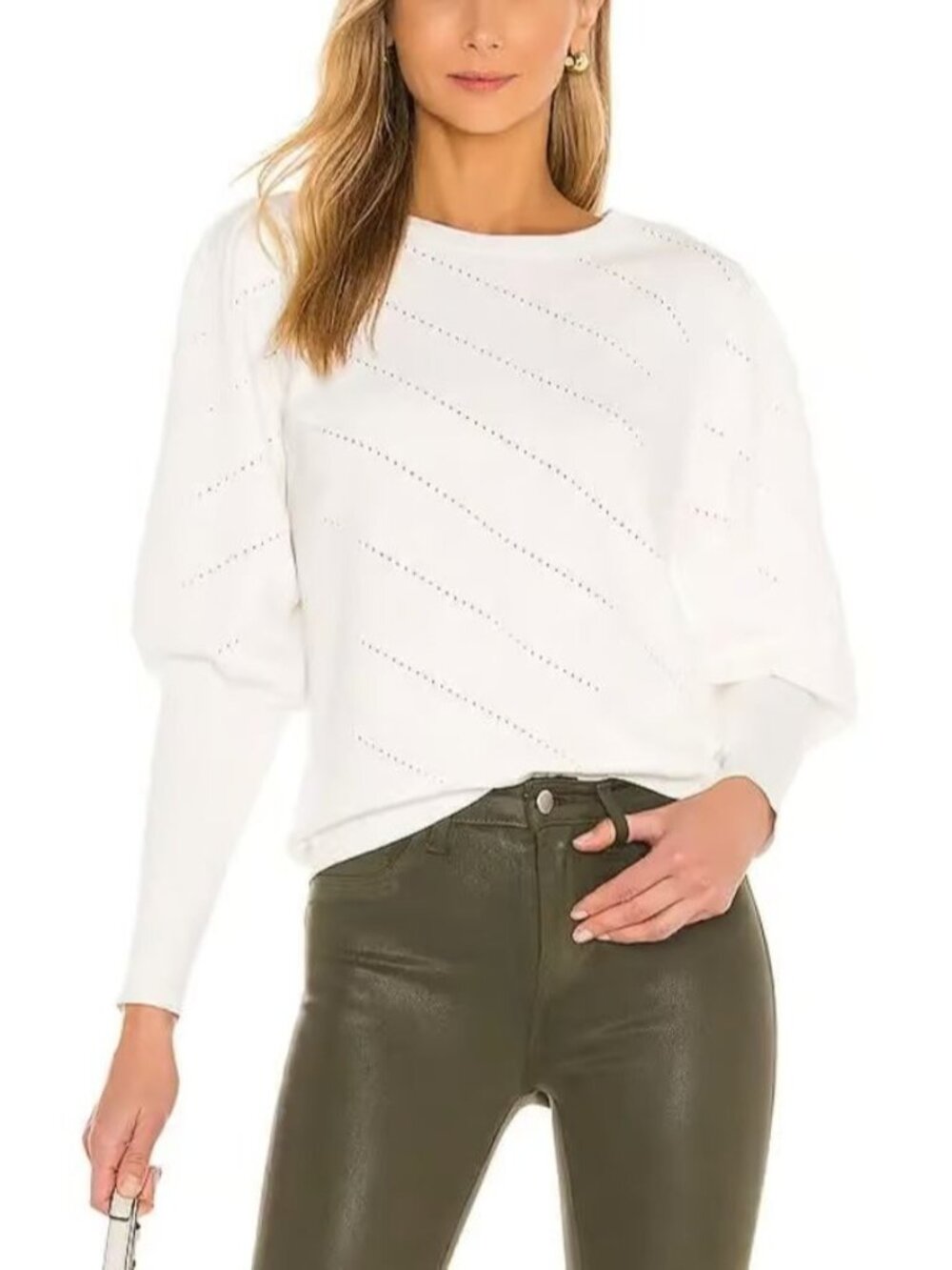 Milly Size XL White Diagonal Pointelle Long Mutton Puff Sleeve Sweater Top